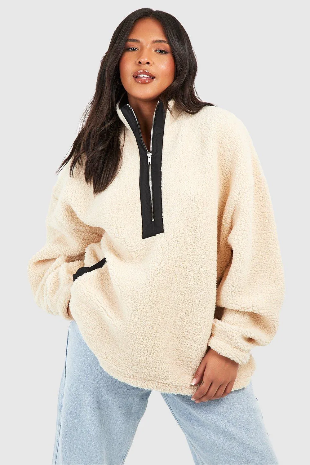 Plus High Neck Half Zip Contrast Sweatshirt